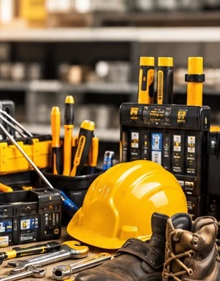 Outillage, casque de chantier et chaussures de sécurité
